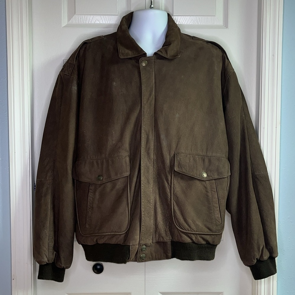STRUCTURE Mens VINTAGE Bomber Jacket 90’s Dark Brown Cargo Pockets Leather XL